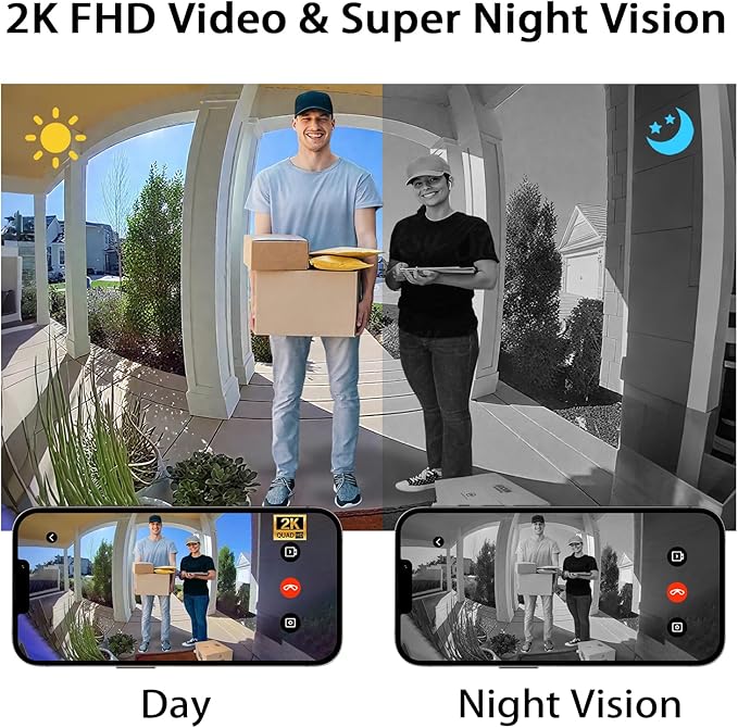 TTJ Video Doorbell Camera 2K with Chime, No Monthly Fee, Head-to-Toe View, 180° Large Field of View,Night Vision，AI Motion Detection, 4000mAh Battery Powered, 2.4GHz WiFi Only, IP65 Weatherproof