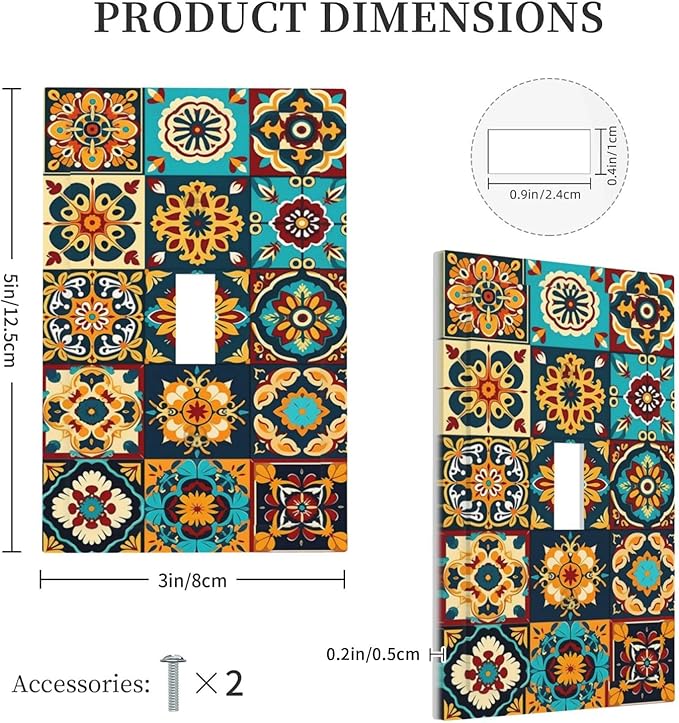 Mexican Talavera Ceramic Tile Moroccan Boho Decorative Light Switch Cover 1 Gang Single Toggle Device Electrical Faceplate Switchplates Decorator Outlet Wall Plate for Bathroom Kitchen Decor