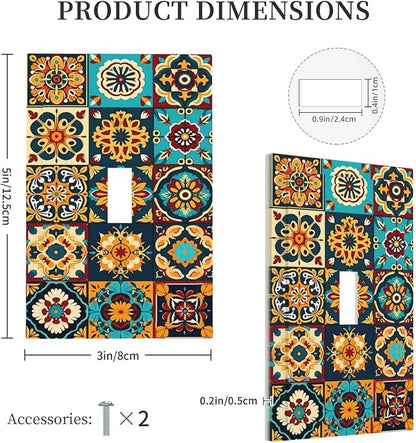 Mexican Talavera Ceramic Tile Moroccan Boho Decorative Light Switch Cover 1 Gang Single Toggle Device Electrical Faceplate Switchplates Decorator Outlet Wall Plate for Bathroom Kitchen Decor