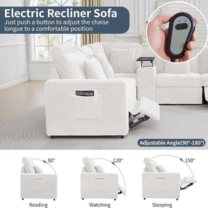 LEVNARY 6-Seat U Shaped Modular Sectional Sofa with Power Recliners, Faux Rabbit Fur Upholstery, Storage Console with Charging Ports & Cup Holders, Living Room Couch Set for Home Office (White)