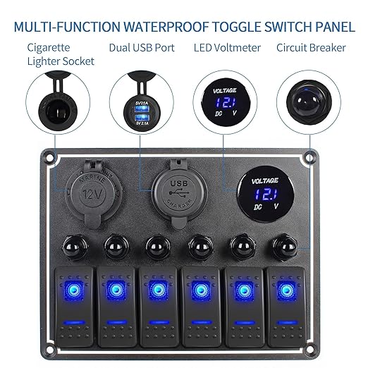 Marine Boat Rocker Switch Panel,Waterproof 6 Gang Multi-Function Toggle Light Switch Panel with Dual USB and Voltmeter Panel for RVs, Cars, Boats, Trucks,Trailers - 12-24V Blue