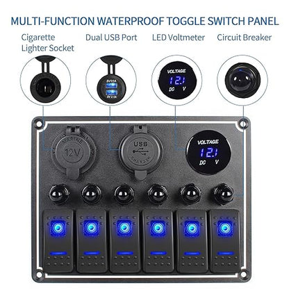 Marine Boat Rocker Switch Panel,Waterproof 6 Gang Multi-Function Toggle Light Switch Panel with Dual USB and Voltmeter Panel for RVs, Cars, Boats, Trucks,Trailers - 12-24V Blue