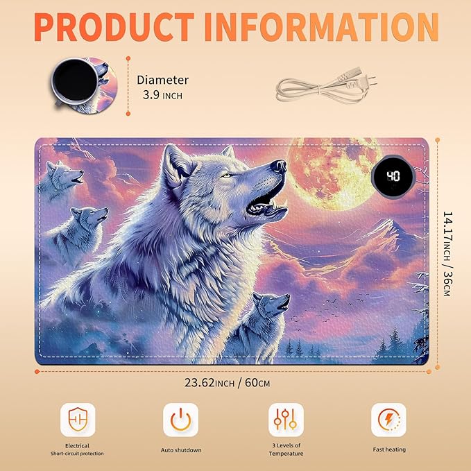 Heated Mouse Pad, Warm Desk Pad, Keyboard Mat 23.6 x 14 Inch Large Size Intelligent Fast Heating, 3 Speed Adjustable, Timed Auto Power Off for Game Office Home, Wolf Howling Under The Moon