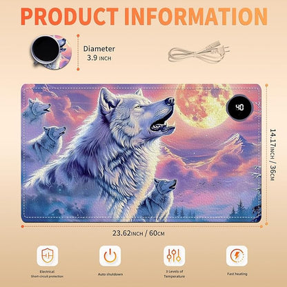 Heated Mouse Pad, Warm Desk Pad, Keyboard Mat 23.6 x 14 Inch Large Size Intelligent Fast Heating, 3 Speed Adjustable, Timed Auto Power Off for Game Office Home, Wolf Howling Under The Moon