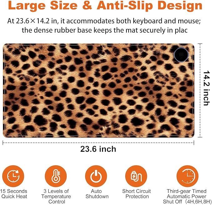 Small Heated Desk Pad 23.6" x 14.2" – Compact Electric Mouse Pad with 3 Heating Levels, Auto Shut-Off, Waterproof PU Surface, Plug-in Warmer for Office or Home Use, Leopard Print