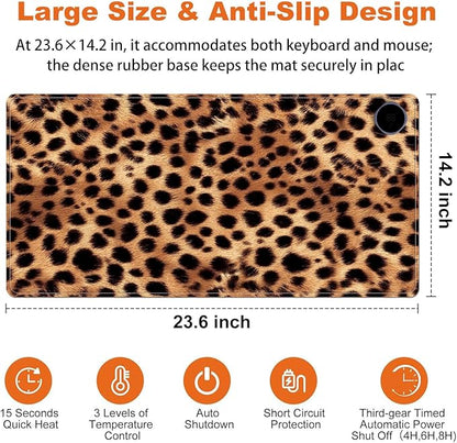 Small Heated Desk Pad 23.6" x 14.2" – Compact Electric Mouse Pad with 3 Heating Levels, Auto Shut-Off, Waterproof PU Surface, Plug-in Warmer for Office or Home Use, Leopard Print