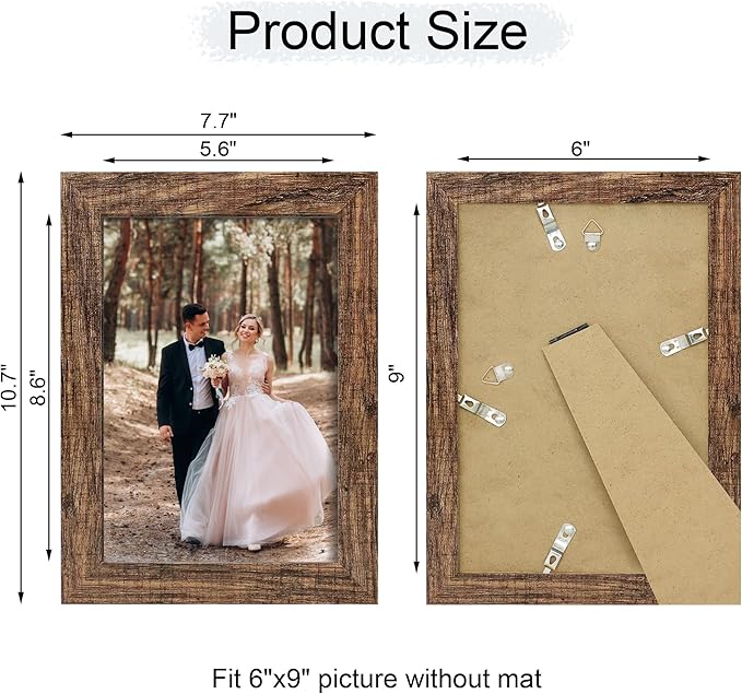 iRahmen 6x9 Picture Frame Set of 4, High Definition Real Glass Rustic Wood Frame, 6 x 9 Photo Frames for Tabletop Display and Wall Mounting