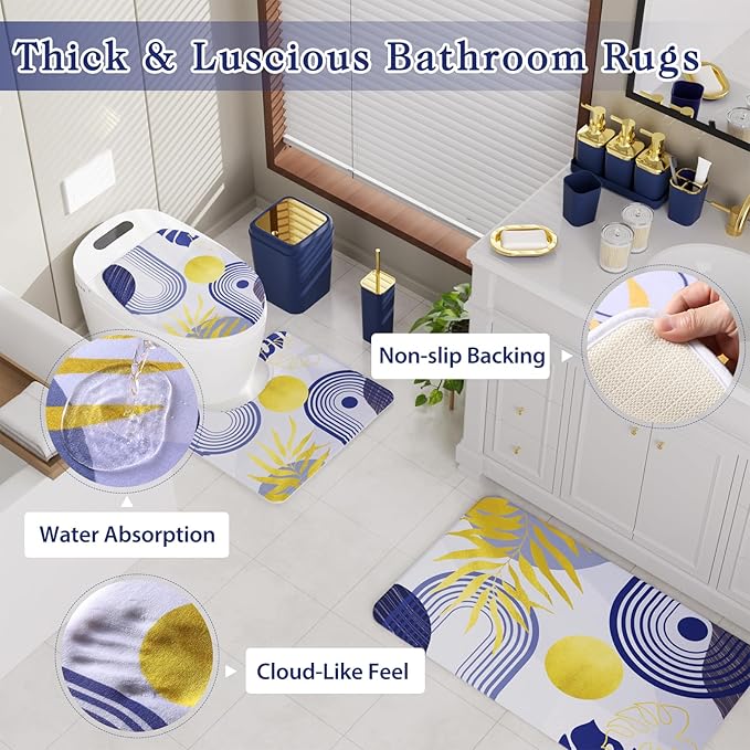 Bathroom Set - Bathroom Sets with Shower Curtain and Rugs, Bathroom Accessory Set, Navy Blue Bathroom Accessories Set with Trash Can, Toilet Brush and Soap Dispensers