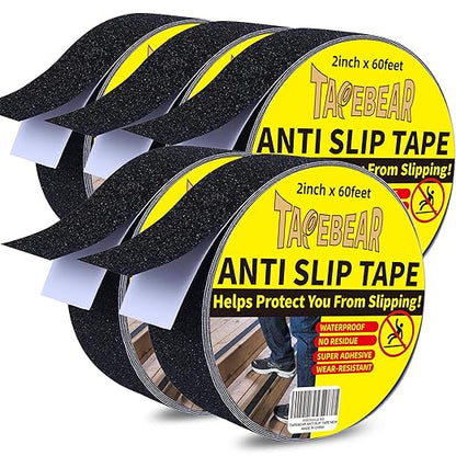 TAPEBEAR Black Safety Grip Tape 2inch x 60feet, Warning Anti-Slip Tape Strong Adhesive Waterproof for Indoor Outdoor Steps Stairs, Compatible with Plastic, Wood, Ceramic, Glass, Metal, 5Rolls