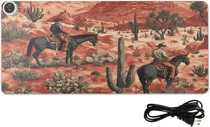 Heated Desk Pad Mouse Pad 31.5x13 Inch PU Leather Desk Mat with 3 Heat Levels Large Mouse Gaming Computer Laptop Mat Cowboys Horses Cactus Desert