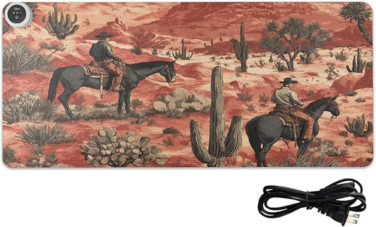 Heated Desk Pad Mouse Pad 31.5x13 Inch PU Leather Desk Mat with 3 Heat Levels Large Mouse Gaming Computer Laptop Mat Cowboys Horses Cactus Desert