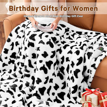 Cow Print Electric Heated Blanket King Size,90X100 Black Heating Blanket King with Dual Control&Timer&10 Heat Level,Cute Cow Decor Fleece Sherpa Blankets Warmer Gifts for Bed Women Adults