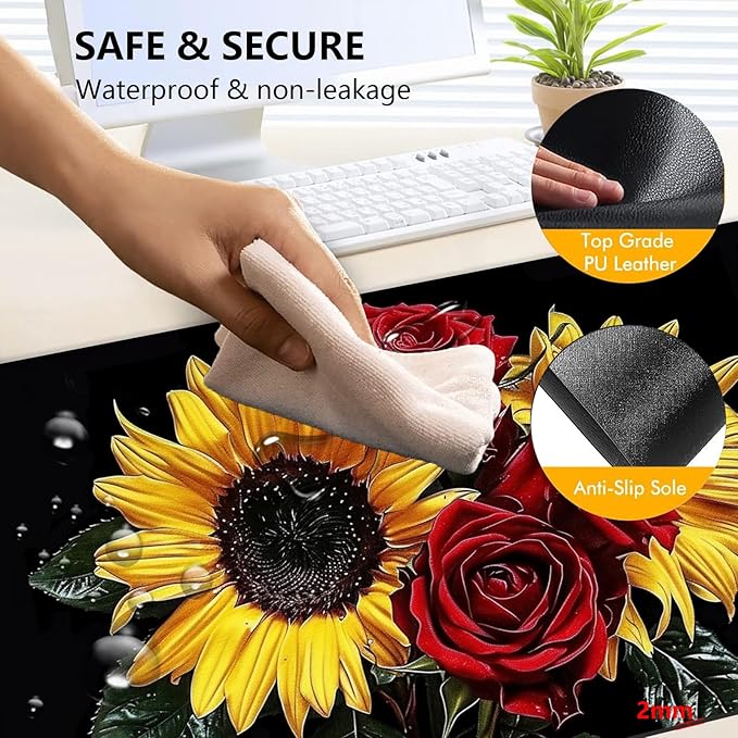 Heated Mouse Pad with 3 Levels Heated & 3 Hours Auto Shut-Off Mouse Pad for Warming Hands in Office Home, 31.5" x 13"Large Safe Desk Mat Hand Warmer，Rose Sunflower