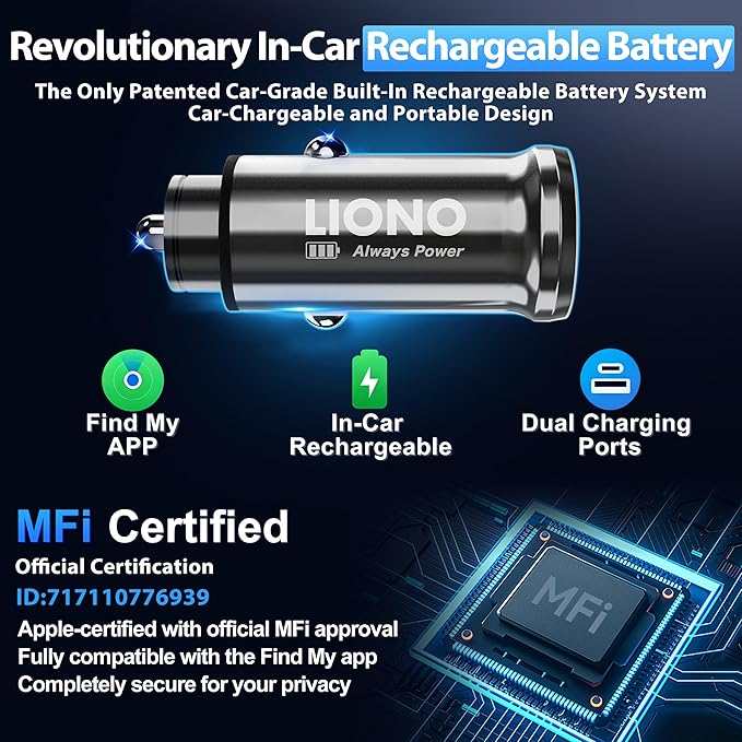 LIONO Car GPS Tracker & Charger with Built-in Rechargeable Battery, GPS Tracker for Vehicles, Hidden Car Tracker for Anti-Theft & Parking Location, for Family& Fleets, No Monthly Fee, No SIM, iOS Only