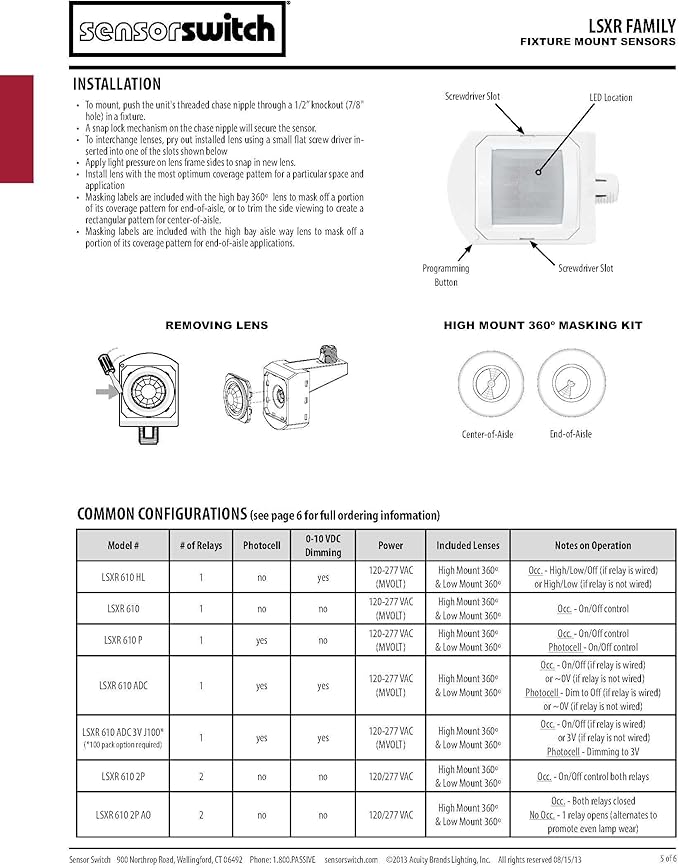 SensorSwitch Line Voltage Fixture Mount Occupancy Sensor, Indoor PIR Motion Sensor Light Control for Commercial Ceiling Lights, MVOLT 120–277V, High & Low Mount 360º Motion Detection