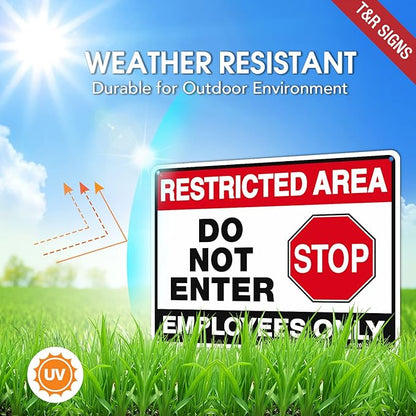 T&R Restricted Area Do Not Enter, Employees Only Sign - 2 Pack - 10 x 7 Inches Rust Free .040 Aluminum - UV Protected, Waterproof, Weatherproof and Fade Resistant - 4 Pre-drilled Holes