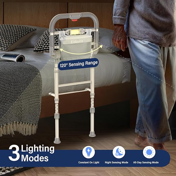 Foldable Bed Rails for Elderly Adults Safety - Heavy Duty Bed Rail for Seniors with Adjustable Height,Bed Side Rails with Motion Sensor Light and Storage Pocket,Fits King Queen Full Twin Beds,400LBS