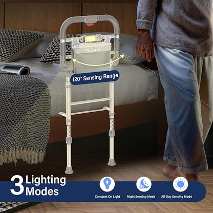 Foldable Bed Rails for Elderly Adults Safety - Heavy Duty Bed Rail for Seniors with Adjustable Height,Bed Side Rails with Motion Sensor Light and Storage Pocket,Fits King Queen Full Twin Beds,400LBS