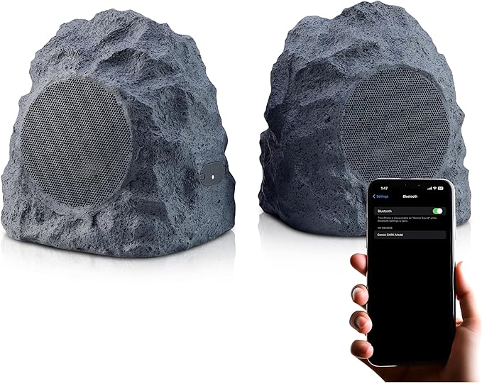 Gemini Sound Rechargeable Bluetooth Wireless Rock Speakers (Pair), IPX5 Weatherproof, TWS Stereo Linking, 10-Hr Battery, 4” Driver for Patio & Garden Outdoor Audio (GHRK-400-PR)