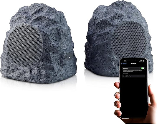 Gemini Sound Rechargeable Bluetooth Wireless Rock Speakers (Pair), IPX5 Weatherproof, TWS Stereo Linking, 10-Hr Battery, 4” Driver for Patio & Garden Outdoor Audio (GHRK-400-PR)