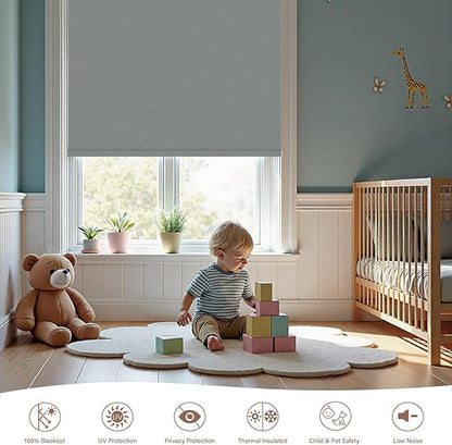 Motorized Roller Blinds with Remote, 100% Blackout Automatic Roller Shades for Bedroom, Bathroom, and Living Room, Customized Size, Moonlit Fog Gray