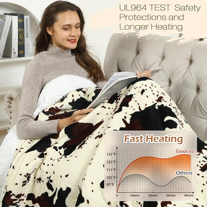 Cow Print Heated Blanket, 90"x100" Electric Blanket King Size Dual Control, Cozy Soft Flannel Sherpa Heating Blankets with 9 Heat Levels & 2/4/8/12H Auto-Off