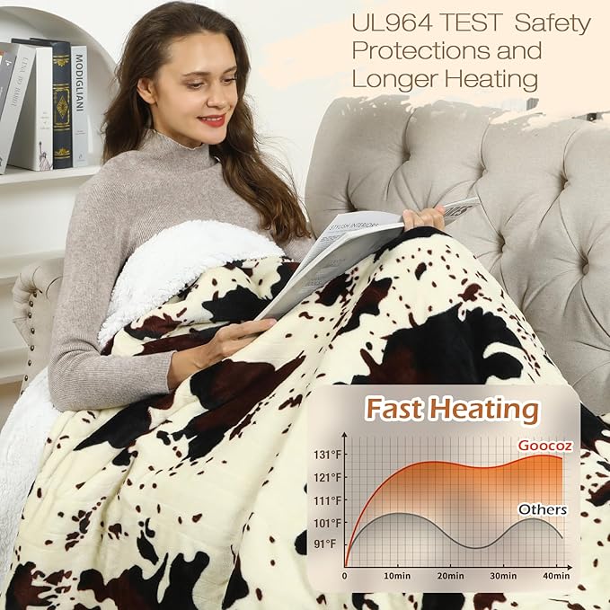 Cow Print Heated Blanket, 90"x90" Queen Size Electric Blanket Dual Control, Cozy Soft Flannel Sherpa Heating Blankets with 9 Heat Levels & 2/4/8/12H Auto-Off