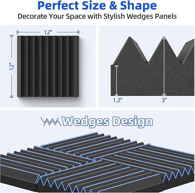 24 Pack Sound Proof Foam Panels for Wall with Self Adhesive, 3" X 12" X 12" High Density Acoustic Panels Sound Absorbing Quick-Recovery, Wedges Soundproof Wall Panels for Gaming & Studio Decor - Black