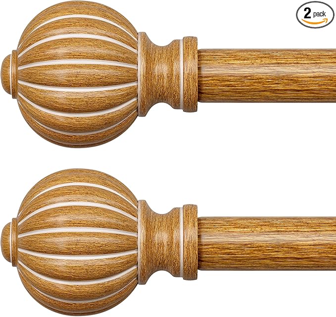 2 Pack Imitation Wood Curtain Rods for Windows 48 to 84 Inch, 1'' Adjustable Heavy Duty Decorative Drapery Rods with Classic Finials, Dark Imitation Wood Window Curtain Pole, Size 36-88''