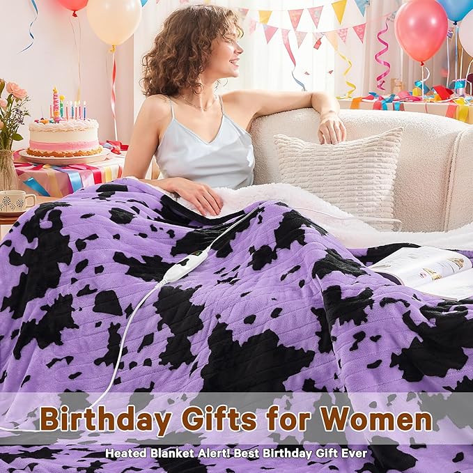 Cow Print Heated Electric Blanket Full Size,72X84 Purple Heating Blanket with 10 Heats Levels & 8 Hours Auto Off,Highland Cow Decor Fleece Sherpa Blankets Warmer Gifts for Women Adults,Washable