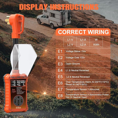 50 Amp RV Surge Protector 16,000J with Smart LED Display & Real-Time Voltage/Current/KWH Monitoring, Auto Shutoff/Reset, High/Low Voltage, Waterproof, Circuit Analyzer, Clear Error Codes for Campers