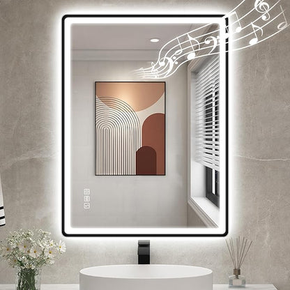 STARLEAD 28"x36" LED-Bathroom-Mirror-with-Lights, Wall-Mounted with Bluetooth, Anti-Fog, 3 Color Temperature Dimmable Brightness, Waterproof, Tempered Glass, Frontlit & Backlit, Black Frameless