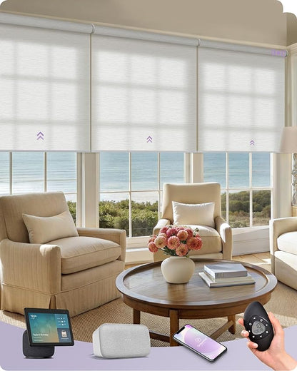 Graywind Smart Coupled Roller Shades Compatible with Alexa Google Custom Size Extra Large Motorized Blinds for Windows(Jacquard White)