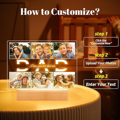 Personalized Birthday Gifts for Dad from Daughter Son, Custom Picture Frames with Photos, Customized Photo Frame with Night Light, Personalized Gifts for Dad Baby Kid Family