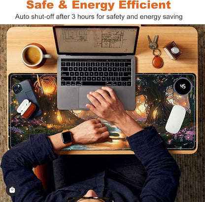 Heated Mouse Pad for Desk 31.5" x 13" – PU Leather Warm Desk Pad with 3 Heat Levels (104°F/113°F/122°F), Plug-in Electric Heating Mat with Auto Shut-Off, Waterproof & Rollable, Glowing Forest