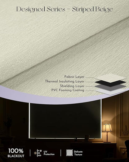 Graywind Smart Blackout Roller Shades Compatible with Alexa Google Textured Gleaming Fabric Rechargeable Motorized Blinds Cordless Remote Control Window Shades, Custom Size (Striped Beige)