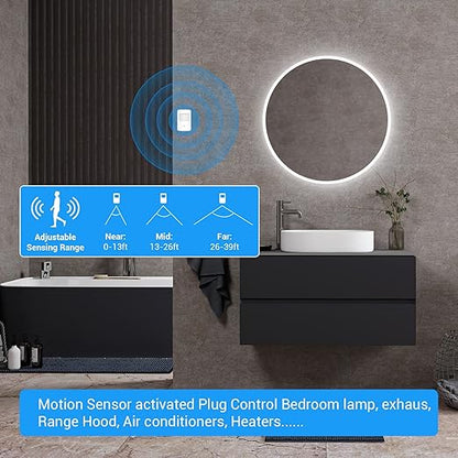 SEHOMY 2 Pack Outlet with Motion Sensor for Bathroom no Wire, Control Bedroom lamp, exhaus, Range Hood, PIR Infrared Motion Sensor Switch Indoor, Plug in Motion Sensor Activated Plug Control Light