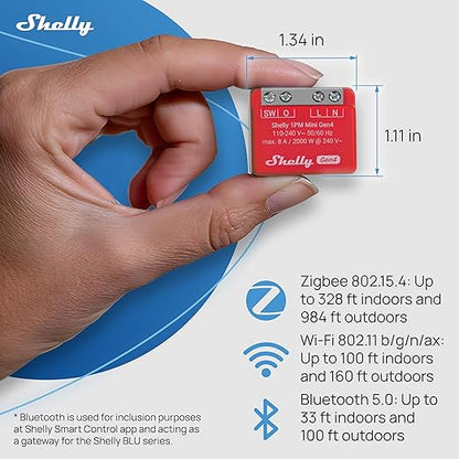 Shelly 1PM Mini Gen4 | Wi-Fi, Zigbee, Matter Smart Relay Switch with Power Metering, 1-Channel 8A | Home Automation | Alexa, SmartThings, Google, Apple HomeKit Compatible | iOS Android App (2 Pack)