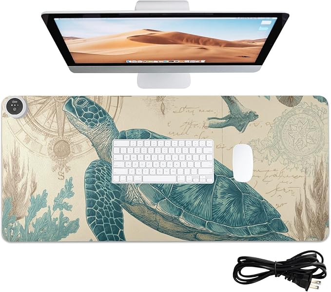 Heated Desk Pad Mouse Pad 31.5x13 Inch PU Leather Desk Mat with 3 Heat Levels Large Mouse Gaming Computer Laptop Mat Retro Sea Turtle Compass