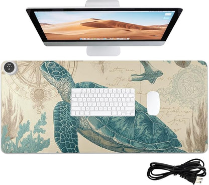 Heated Desk Pad Mouse Pad 31.5x13 Inch PU Leather Desk Mat with 3 Heat Levels Large Mouse Gaming Computer Laptop Mat Retro Sea Turtle Compass