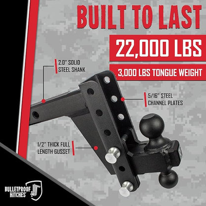 BulletProof Hitches - 2.0" Adjustable Heavy Duty Trailer Hitch (22,000 lb. Rating) - 6" Drop/Rise Trailer Hitch with 2" & 2-5/16" Dual Ball - Powder Coat, Solid Steel, Corrosion-Resistant