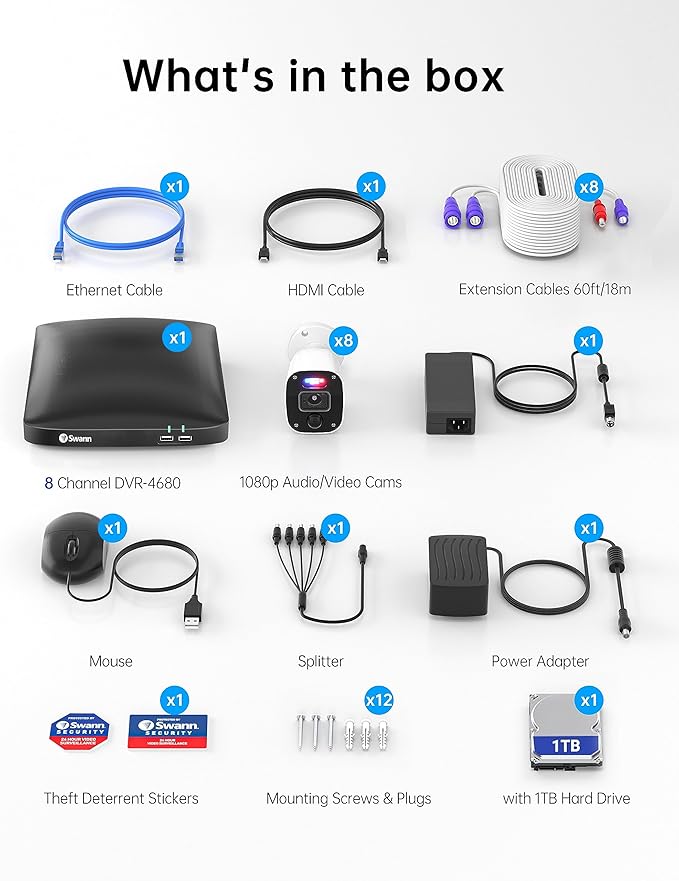 Swann Security Camera, 1080p DVR Bullet Surveillance Cameras with 1TB HDD, 8 Channel 8 Cam, Indoor Outdoor Wired Surveillance Camera, Color Night Vision, Heat Motion Detection, LEDs