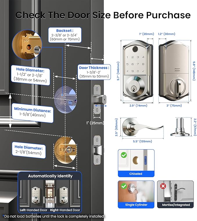 Veise VE017-L Fingerprint Smart Lock with 2 Lever Handles, Keyless Entry Front Door Lock Set, App Control, Electronic Digital Keypad Deadbolt, Easy Installation, Emergency Power Port, Satin Nickel
