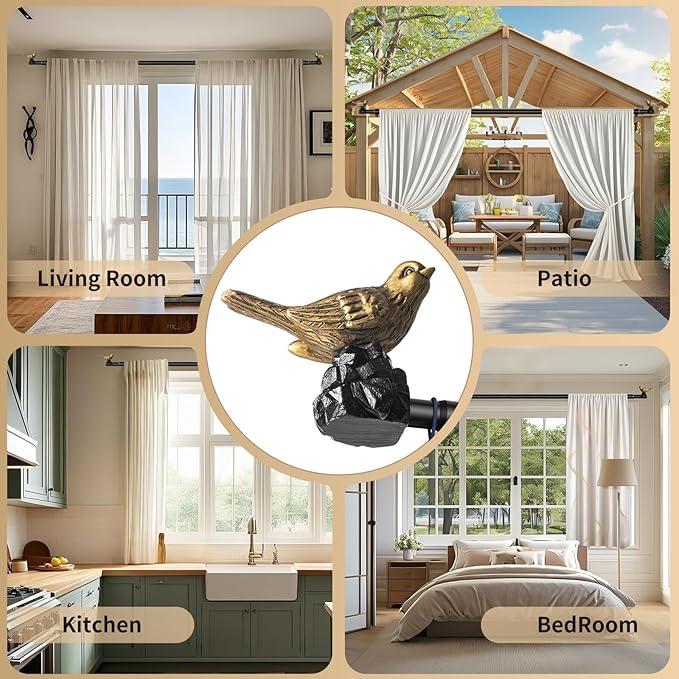 Vintage Gold Curtain Rod 48 to 90 Inches Curtain Rods for Windows Adjustable Drapery Rod with Bird Finials Heavy Duty Curtains Rods for Living Room Bedroom