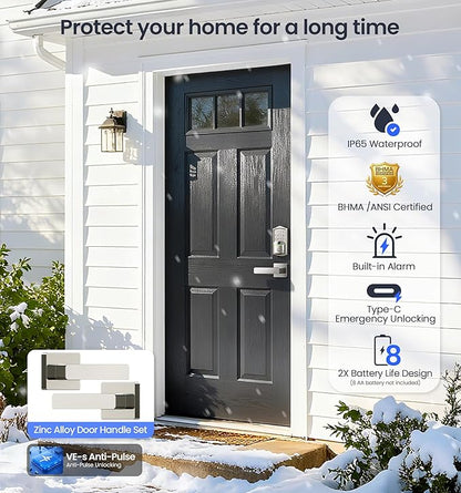 Veise VE027-L Built-in WiFi Smart Door Lock with Lever Handle Set, Fingerprint keyless Entry Door Lock, App Remote Control, Electronic Digital Keypad Deadbolt for Front Door, Auto Lock, Satin Nickel
