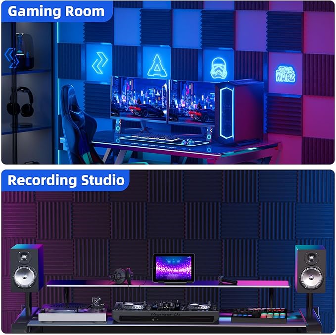 48 Pack Sound Proof Foam Panels for Wall with Self Adhesive, 1" X 12" X 12" High Density Acoustic Panels Sound Absorbing Quick-Recovery, Wedges Soundproof Wall Panels for Gaming & Studio Decor - Black