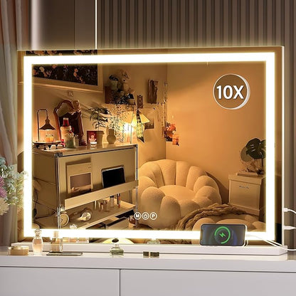 Hasipu Vanity Mirror with Lights, 28" x 20" LED Makeup Mirror, Lighted Makeup Mirror with Dimmable 3 Modes, Touch Screen Control Vanity Mirror Square White