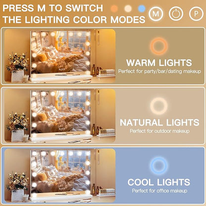 ROLOVE 23"x18" Hollywood Vanity Mirror with Lights, 15 Dimmable LED Bulbs, led Makeup Mirror with 3 Color Modes, Lighted Vanity Mirror for Tabletop or Wall-Mounted