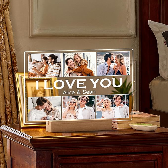 Personalized Picture Frame with Photo, Customized Photo Frame with Night Light, Custom Picture Frames, Personalized Anniversary Valentines Day Gifts for Women Men Her Him Girlfriend Boyfriend Couple