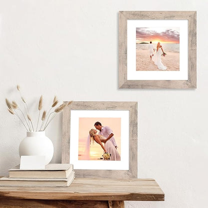 iRahmen 8x8 Picture Frames Set of 4 with High Definition Real Glass, Smoke Gray Frame Display 6x6 Pictures with Mat or 8 x 8 Without Mat, Wood Square Photo Frame for Wall Mount and Tabletop Display
